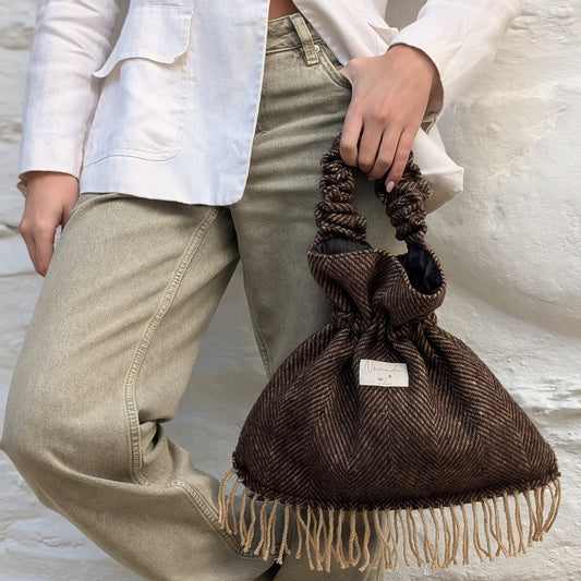 Lula Bucket Bag - Brown Herringbone Irish Tweed