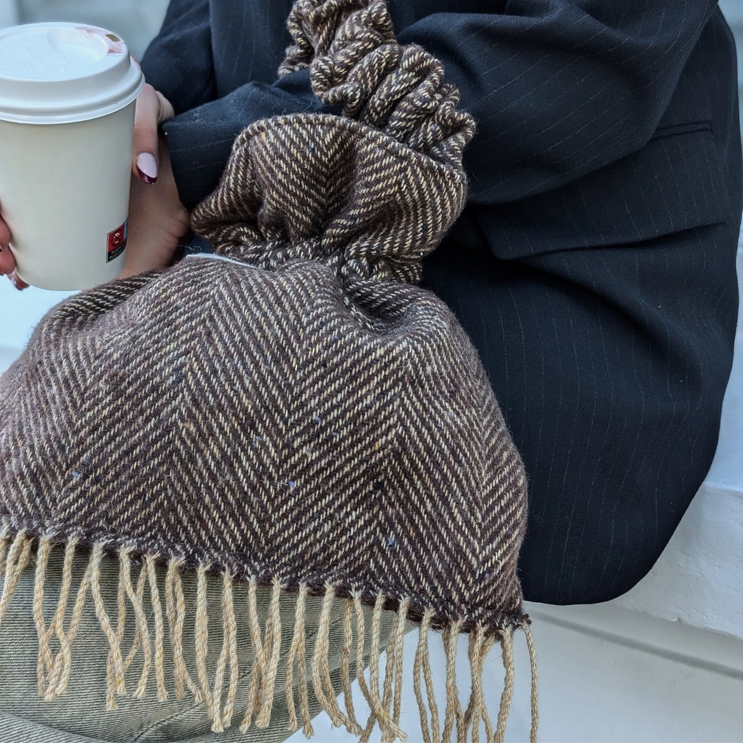 Lula Bucket Bag - Brown Herringbone Irish Tweed