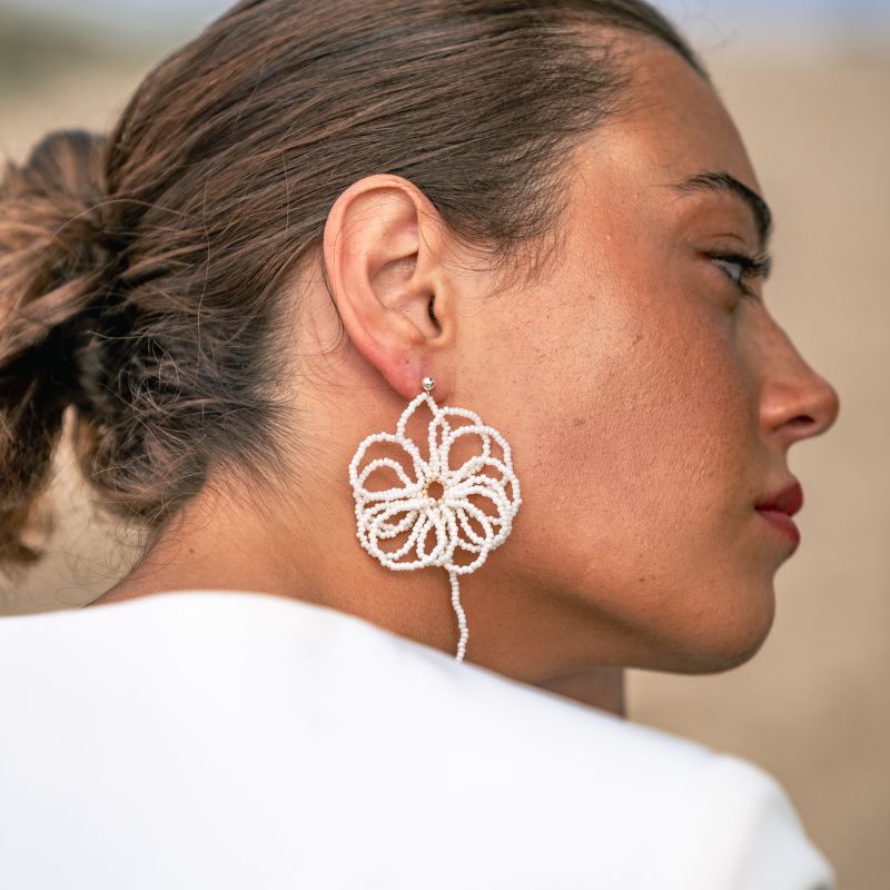 Floryn - Hand Beaded and Pearl Earrings (White)